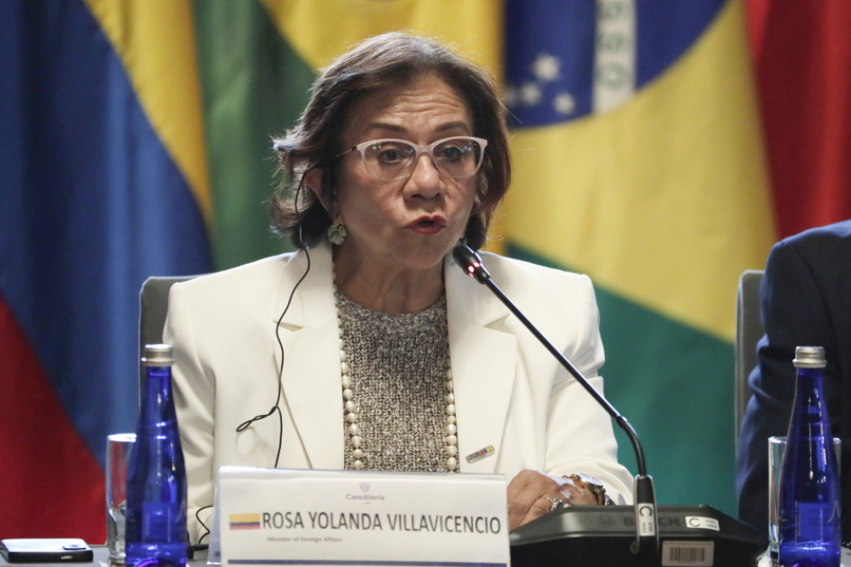 La canciller encargada de Colombia, Rosa Villavicencio, habla durante la instalación de la primera conferencia ministerial del Grupo de La Haya este martes, en Bogotá (Colombia).