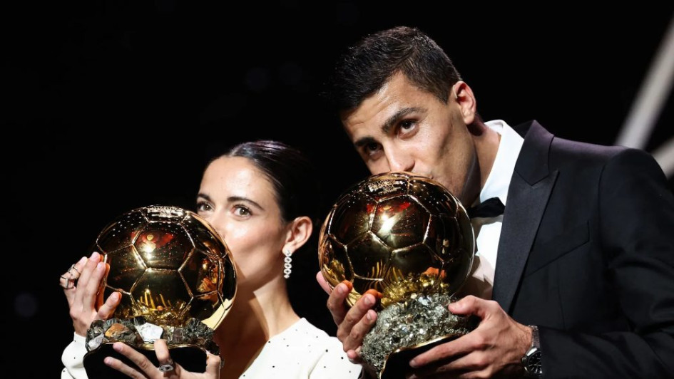 Los jugadores españoles, Aitana Bombatí y Rodri, ganadores del Balón de Oro en 2024. 