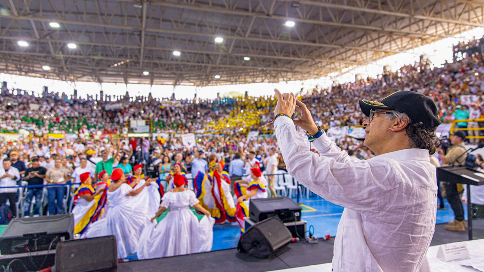El presidente de la República, Gustavo Petro, este jueves en La Dorada (Caldas).