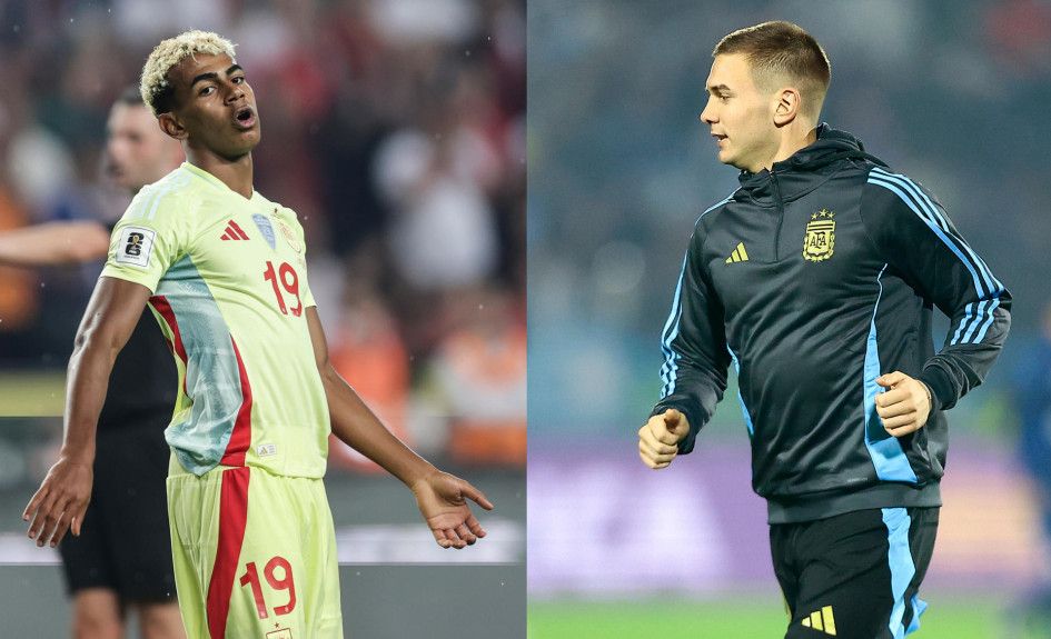 Combo de fotografías de archivo donde se observa al jugador español Lamine Yamal (i) y al argentino Franco Mastantuono. La precocidad que hay en el fútbol actual se ha convertido en uno de los principales desafíos para la FIFA y para el Mundial sub-20.