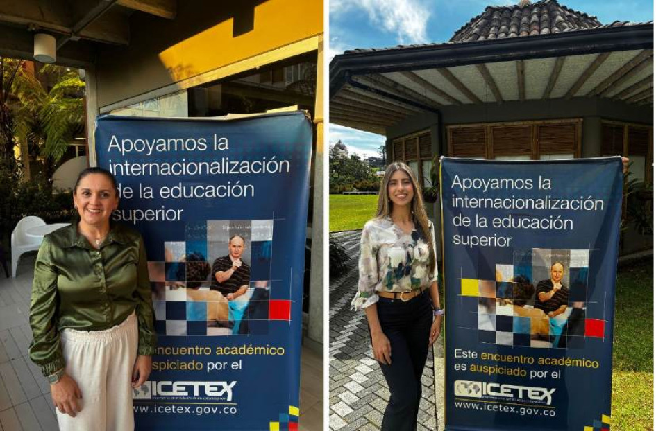 María del Carmen Vergara Quintero, directora de Investigación, Innovación y Emprendimiento y coordinadora del Programa Delfín Capítulo Colombia, y Geraldine Santa Acosta, profesional del Programa Delfín.