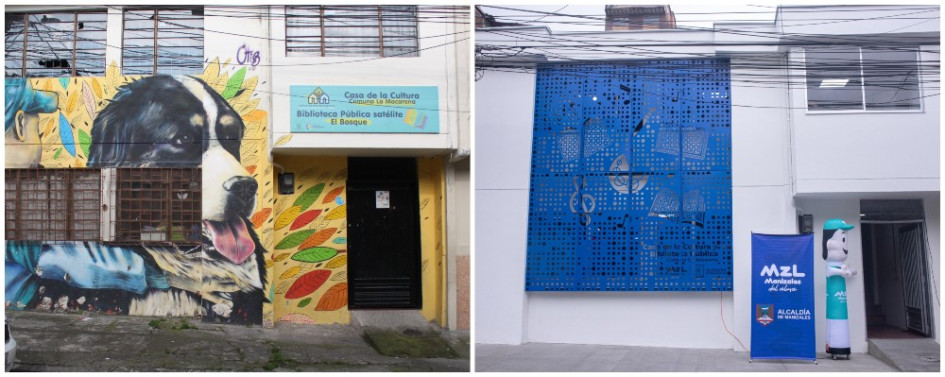 El antes y el después de la fachada de la casa de la cultura del barrio El Bosque.