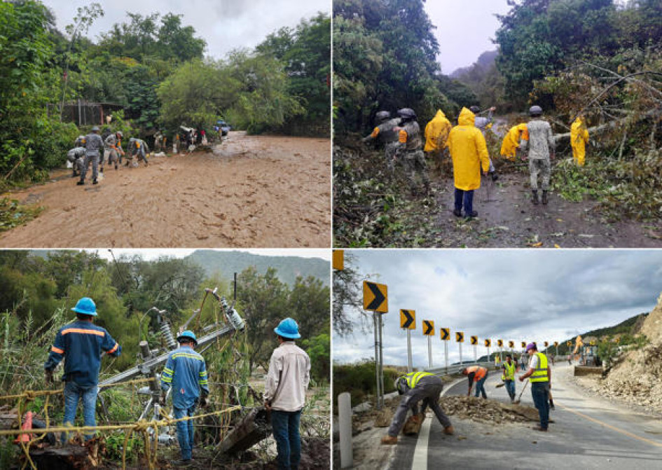 Combo de fotografías cedidas este sábado por Protección Civil, donde se observa a integrantes del Ejercito Mexicano y Brigadas de salvamento, realizando trabajos de ayuda a damnificados y afectaciones en carreteras y zonas rurales en diferentes estados afectados por las fuertes lluvias en México.