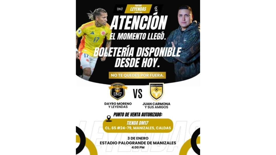 Flyer o volante digital con el que Dayro Moreno promociona el partido que tendrá el 3 de enero en el Palogrande.