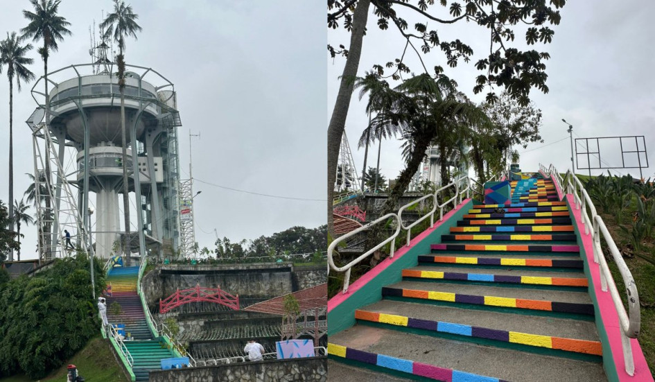 Tres artistas urbanos de Manizales pintan las escaleras de la Torre Panorámica de Chipre.