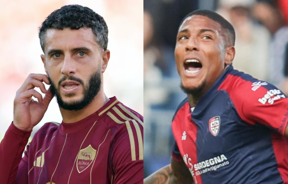 Español Mario Hermoso, defensa de la Roma, y el italiano Michael Folorunsho, volante del Cagliari.