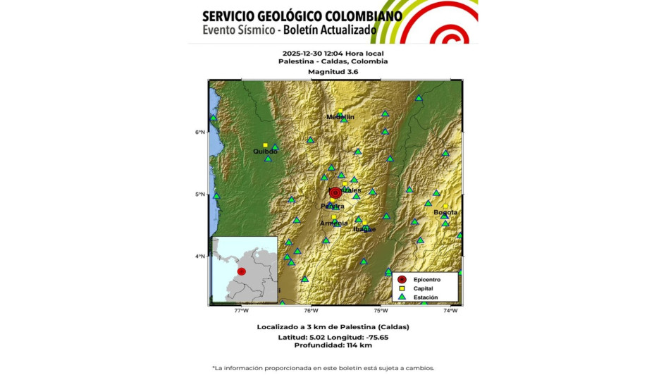 Un temblor se sintió al mediodía de este martes (30 de diciembre). Tuvo epicentro en Caldas, reportó el Servicio Geológico Colombiano.