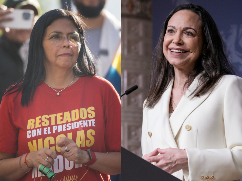 La vicepresidenta ejecutiva de Venezuela, Delcy Rodriguez (i), y a la líder opositora venezolana María Corina Machado. 