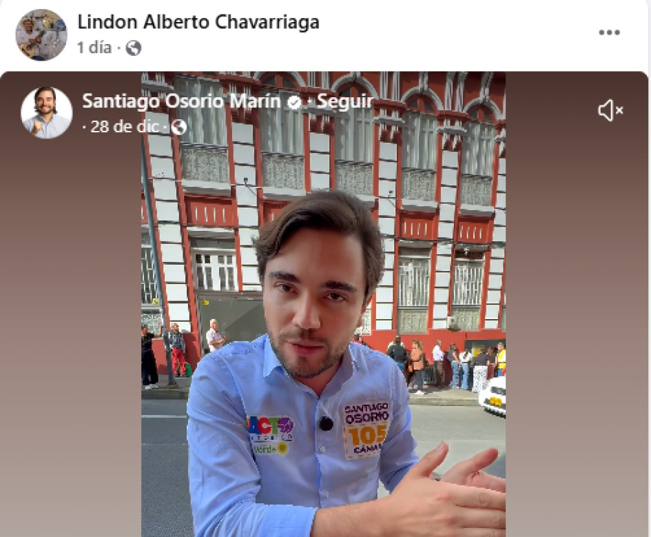 El exsecretario de Cultura de Caldas Lindon Alberto Chavarria comparte constantemente en su cuentas de Facebook video del candidato la Congreso Santiago Osorio. ¿Será que está esperanzado en alguna propuesta laboral? Amanecerá y veremos.