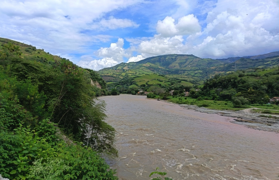 El río Cauca visto desde el sector El Palo, en la vía Manizales - Medellín. Expertos indican que la mayor parte del ecosistema del Cauca no es favorable para los hipopótamos debido a las características del río y a la presión ambiental.