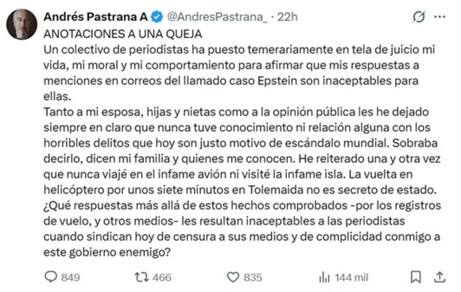 Reproducción | LA PATRIA El expresidente se defendió a través de cuenta en la red social X, misma vía por donde fue cuestionado por el colectivo de mujeres.