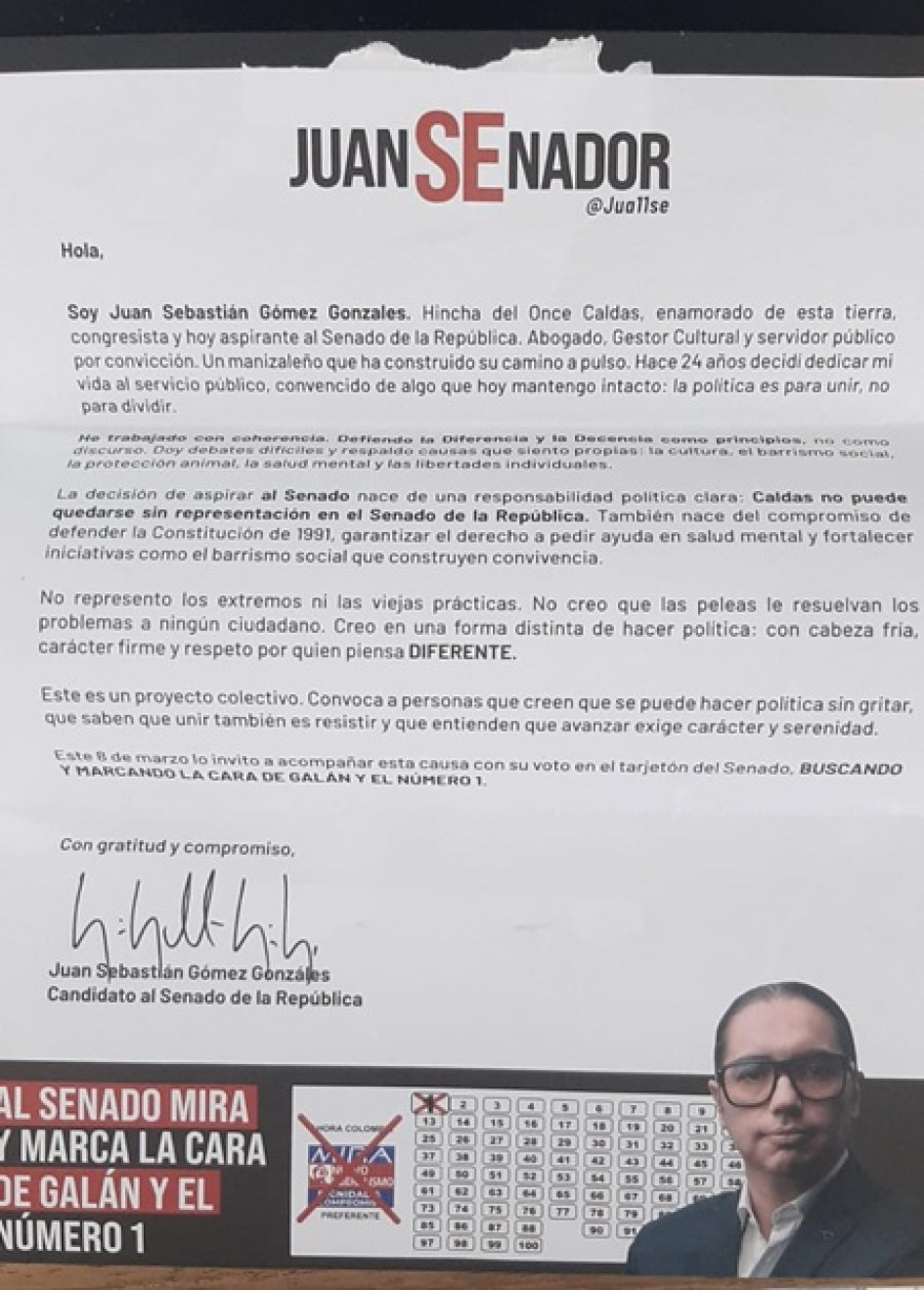 A un edificio de Manizales llegaron cartas de la campaña al Senado del representante a la Cámara caldense Juan Sebastián Gómez (Nuevo Liberalismo).