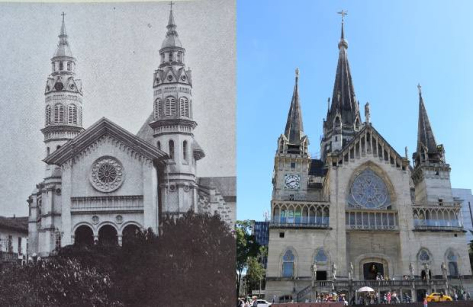 Fotos I Archivo I LA PATRIA  En la izquierda la primera catedral de Manizales, arrasada por un incendio el viernes 20 de marzo de 1926. En la derecha,su reemplazo: la Catedral Basílica Metropolitana, nacida en 1939. Vea el paso a paso de su origen, a partir de la fundación de la ciudad el 12 de octubre de 1849.