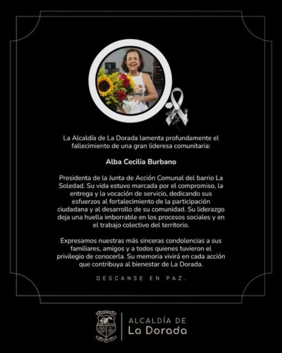 Imagen I Facebook Alcaldía I LA PATRIA  Alba Cecilia Burbano, presidenta de Junta de Acción Comunal, quien murió en días pasados.