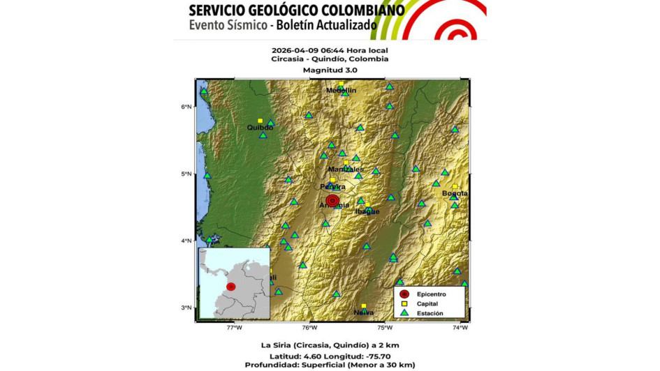 Temblor en Colombia, evento sísmico de magnitud 3.0 con epicentro en el Eje Cafetero