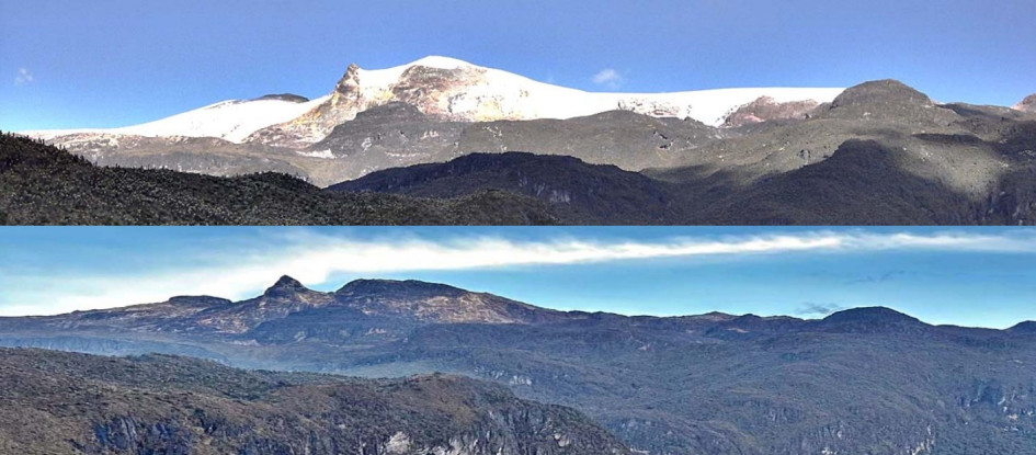 El Nevado de Santa Isabel, montaña sagrada para los Quimbaya, pierde sus glaciares por el cambio climático y revela su transformación histórica y natural. En las fotos, los domos Centro, Negro y Sur cubiertos en el 2005 (arriba) y despejados en el 2024 (abajo). 
