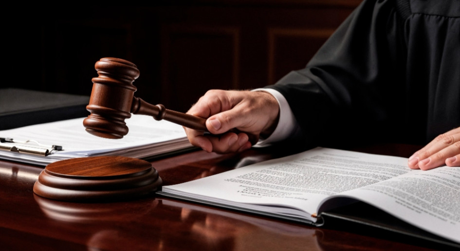 Juez con un martillo en la sala del tribunal