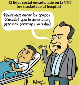 Caricatura 11 de abril del 2025: El líder social de Riosucio (Caldas) encadenado en la Unidad Nacional de Protección fue trasladado al hospital