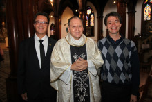 Juan Manuel Dussán Luberth, rector; Jorge Albeiro Montoya Herrera, capellán; y Geovanny Celis López, rector de La Gran Colombia.